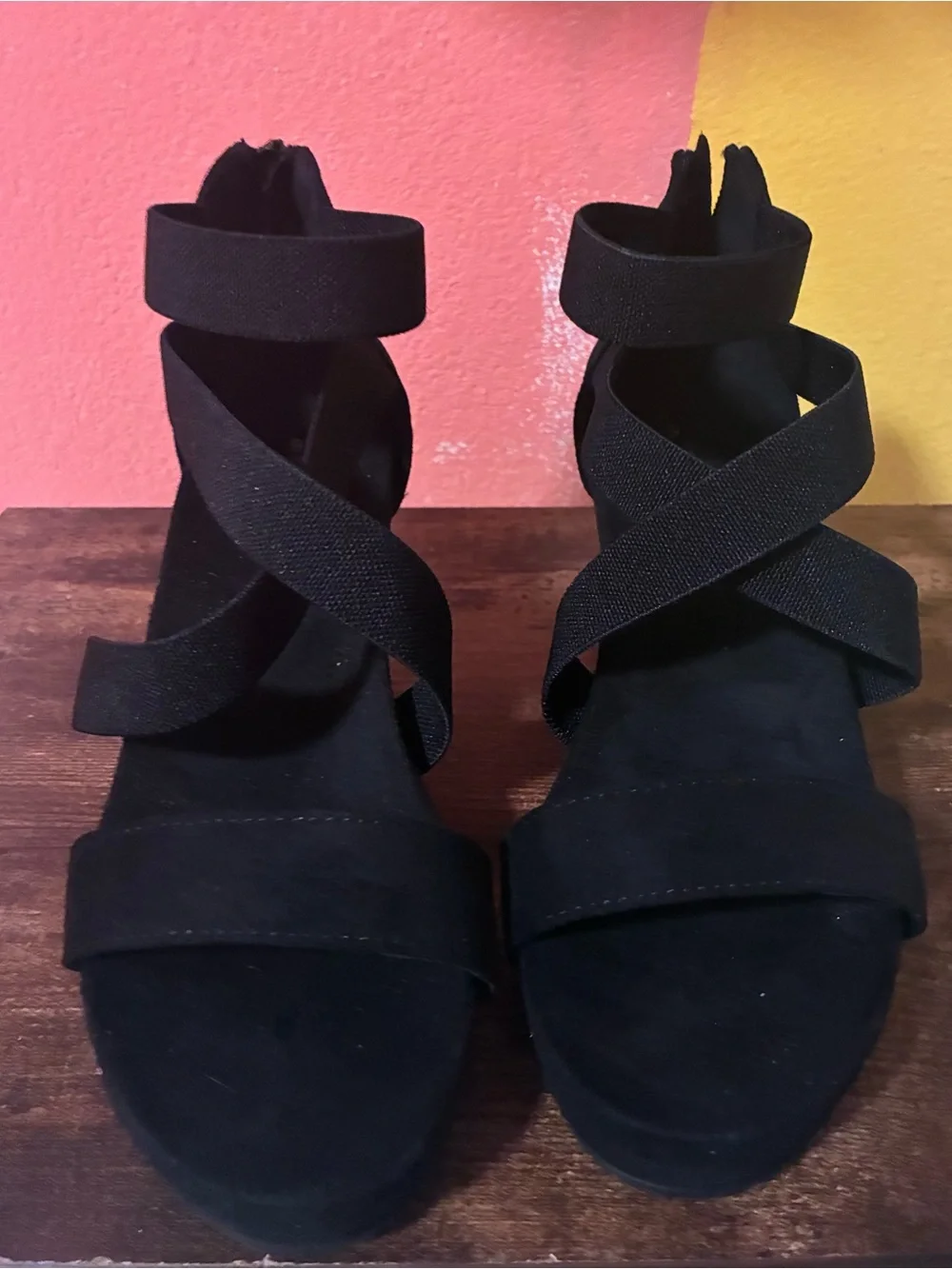 Women's Black Elastic Strap Wedge Sandals